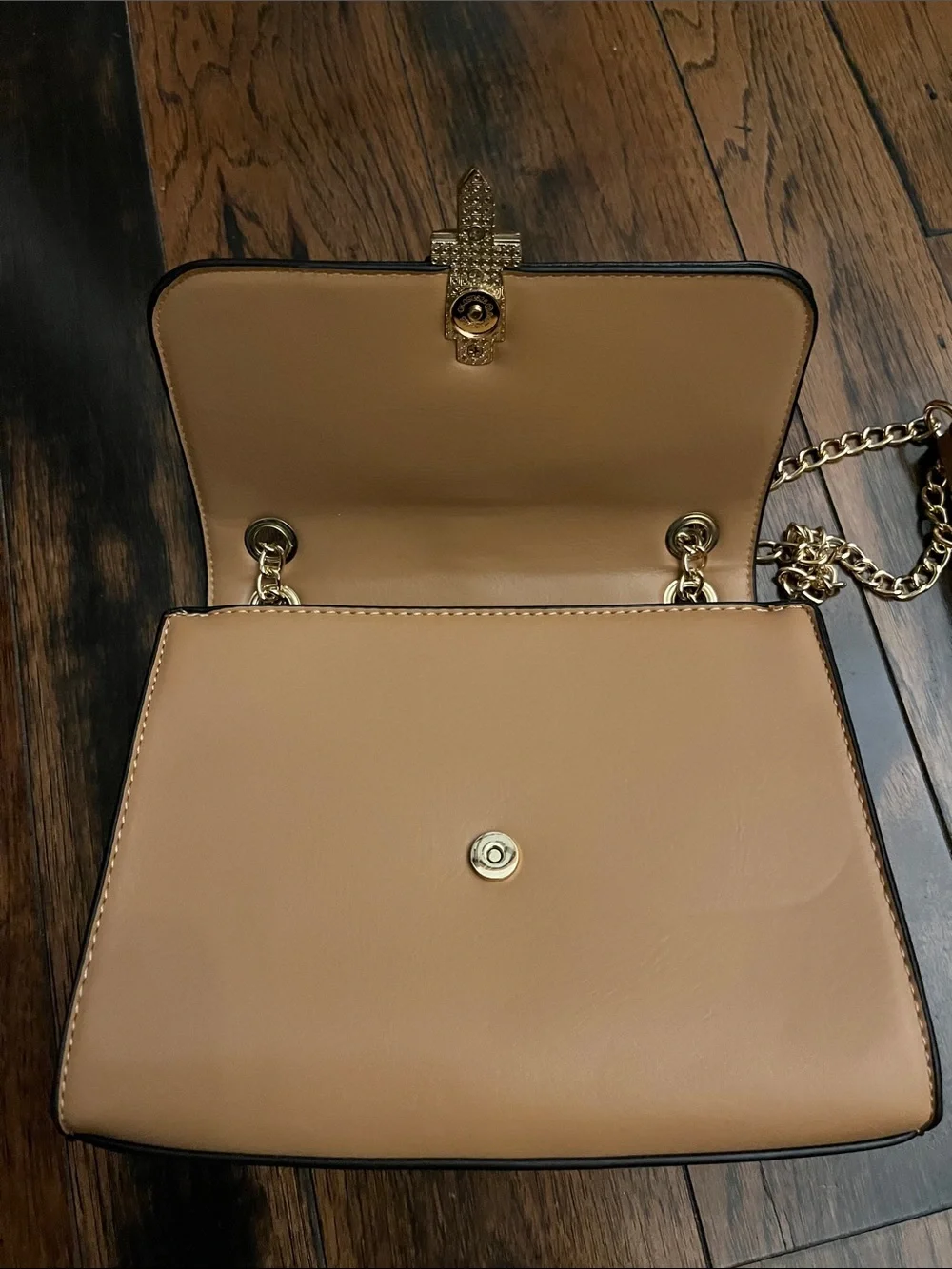 Neutral Tan Chain Crossbody Bag with Gold Hardware